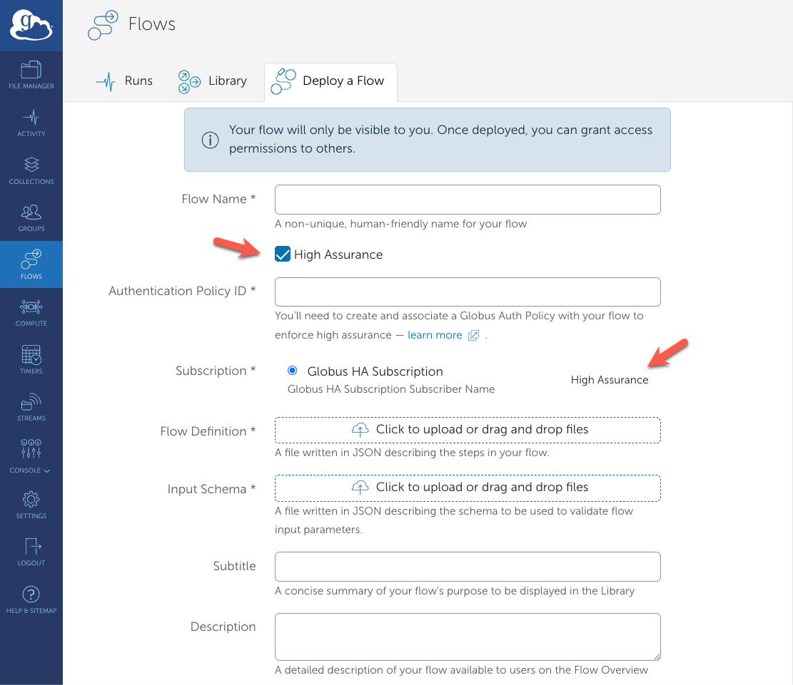Screenshot of flow creation form with authentication policy field