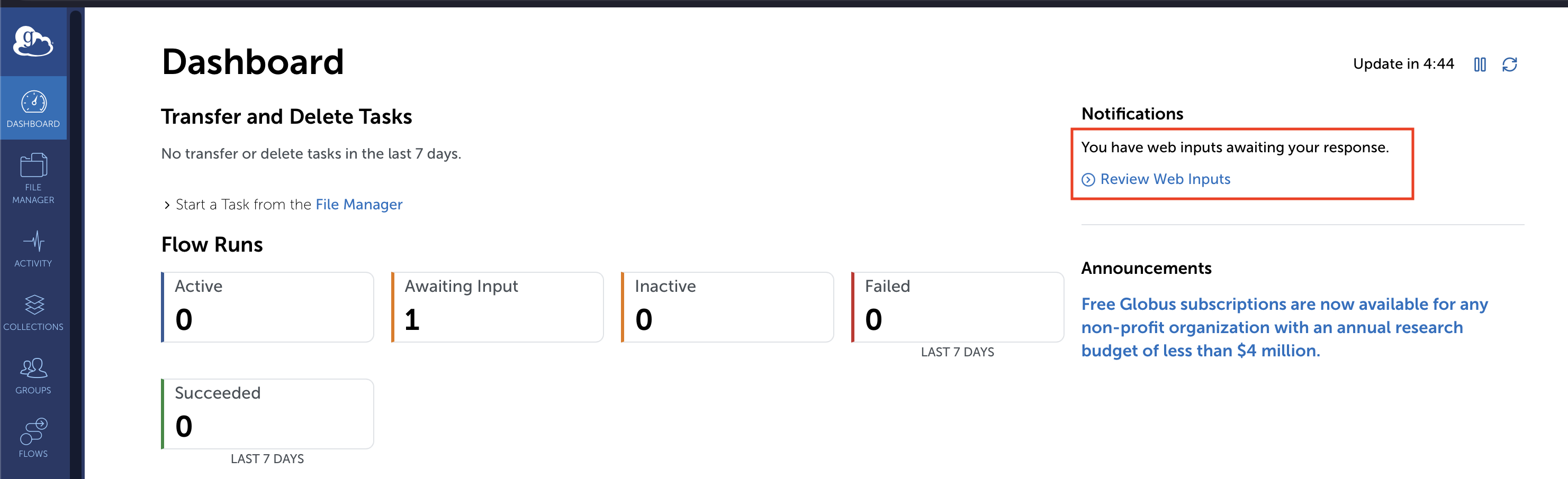 Globus Dashboard Notifications