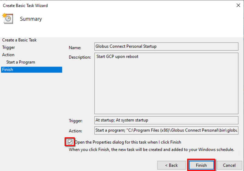 GCP Windows TaskScheduler 8 Select Open Properties checkbox and finish