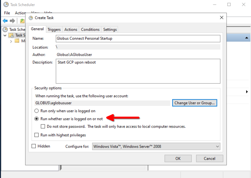 GCP Windows TaskScheduler 9 Update Security Options