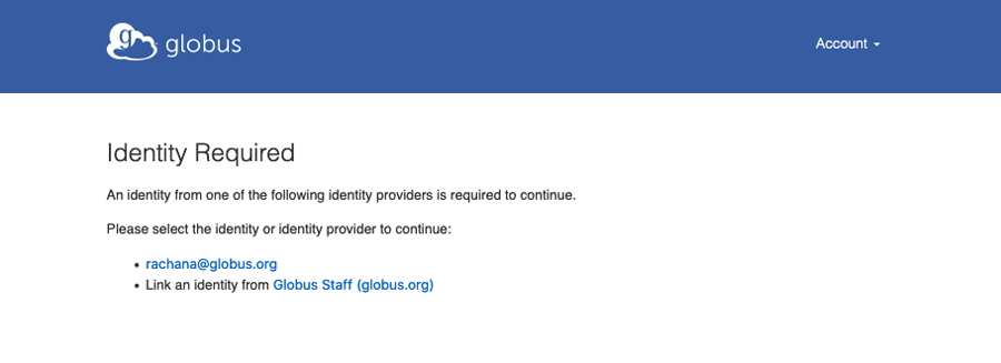 Globus interface with 'Identity Required' message