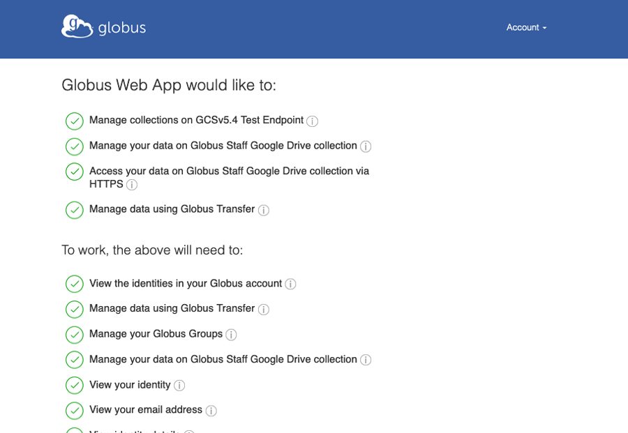 Globus interface listing permissions the Globus Web App is requesting