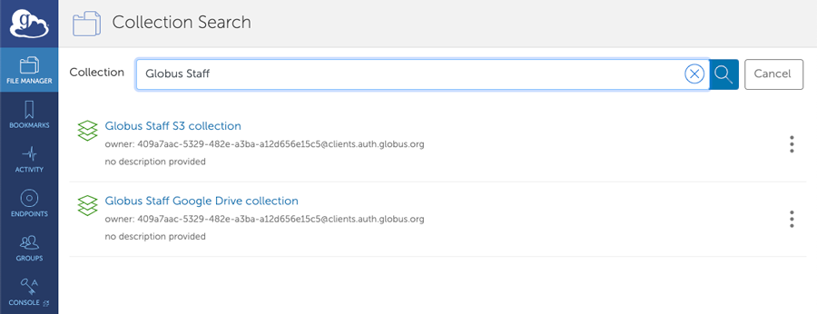 Collection Search interface with 'Globus Staff' in collection input