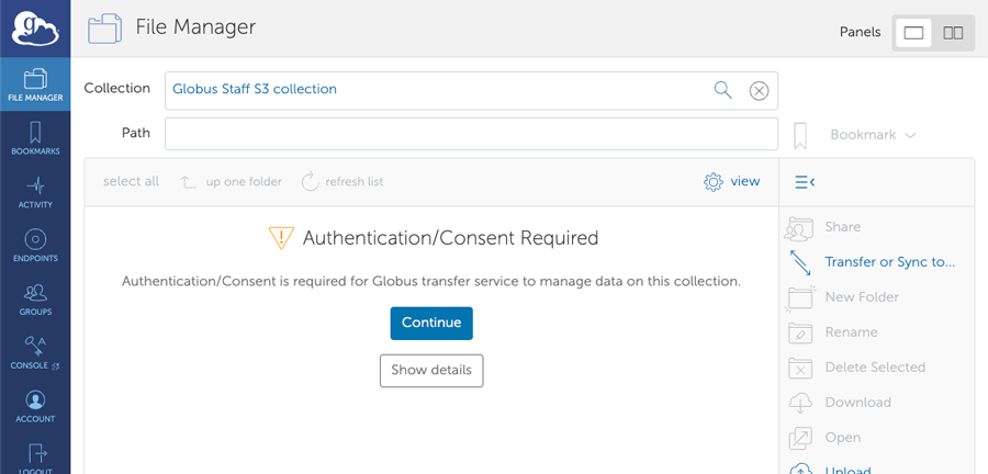 File Manager interface with 'Authentication/Consent Required' message