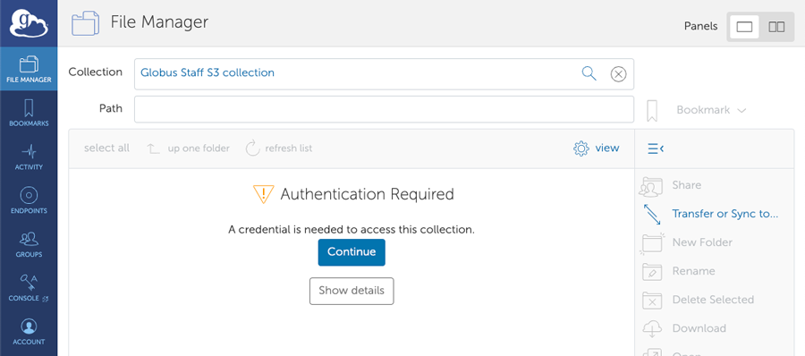 File Manager interface with 'Authentication Required' message