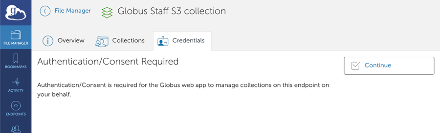 Collection details page on Credentials tab with 'Authentication/Consent Required' message